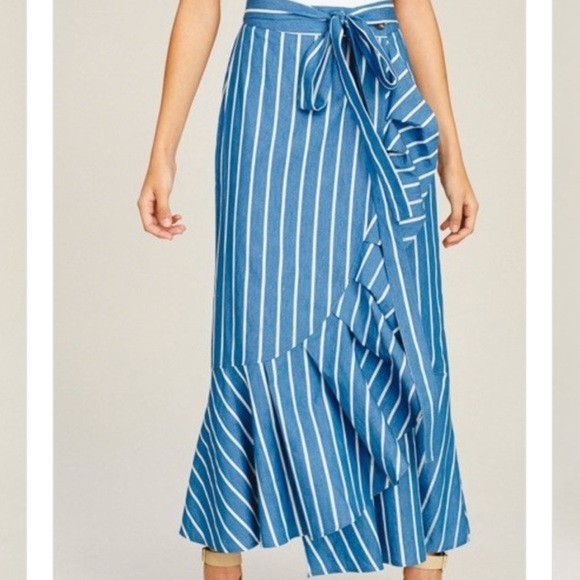 Ruffled Denim Wrap Striped Maxi Skirt - Picture 4 of 8